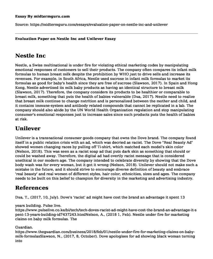 Evaluation Paper on Nestle Inc and Unilever