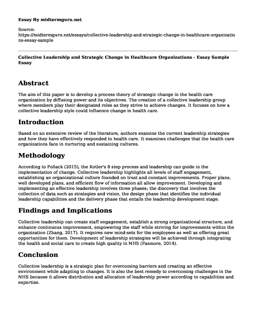 Collective Leadership and Strategic Change in Healthcare Organizations - Essay Sample
