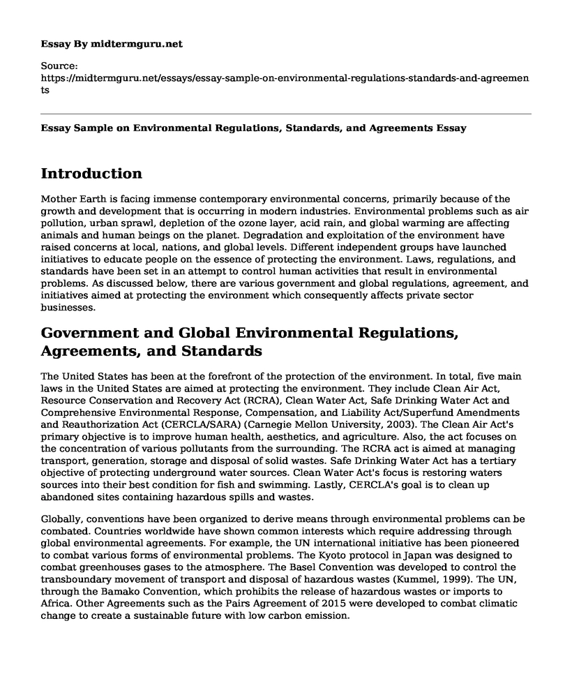 Essay Sample on Environmental Regulations, Standards, and Agreements