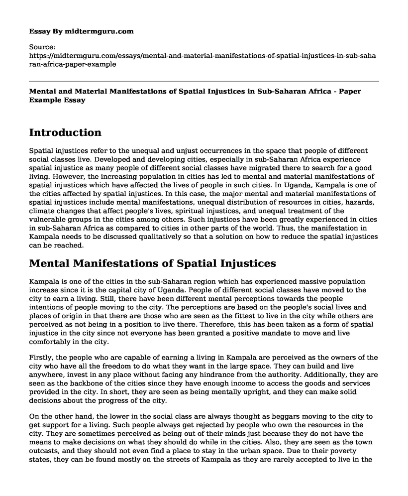 Mental and Material Manifestations of Spatial Injustices in Sub-Saharan Africa - Paper Example