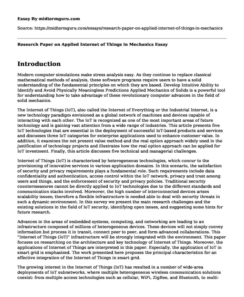 Research Paper on Applied Internet of Things in Mechanics