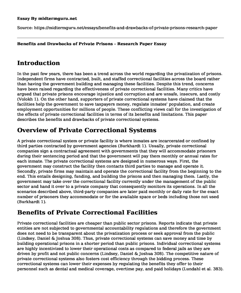 Benefits and Drawbacks of Private Prisons - Research Paper