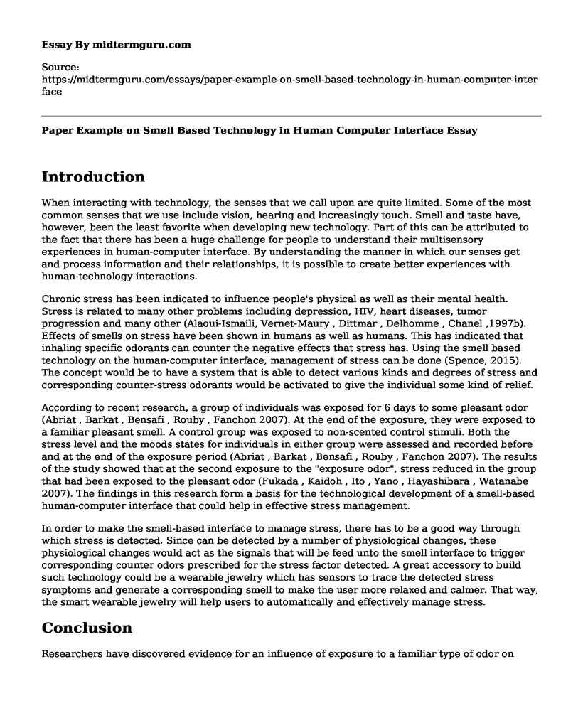 Paper Example on Smell Based Technology in Human Computer Interface