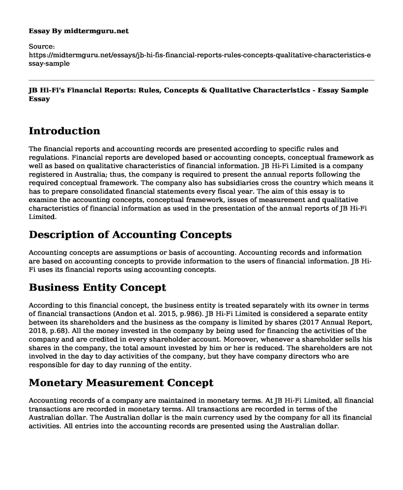 JB Hi-Fi's Financial Reports: Rules, Concepts & Qualitative Characteristics - Essay Sample