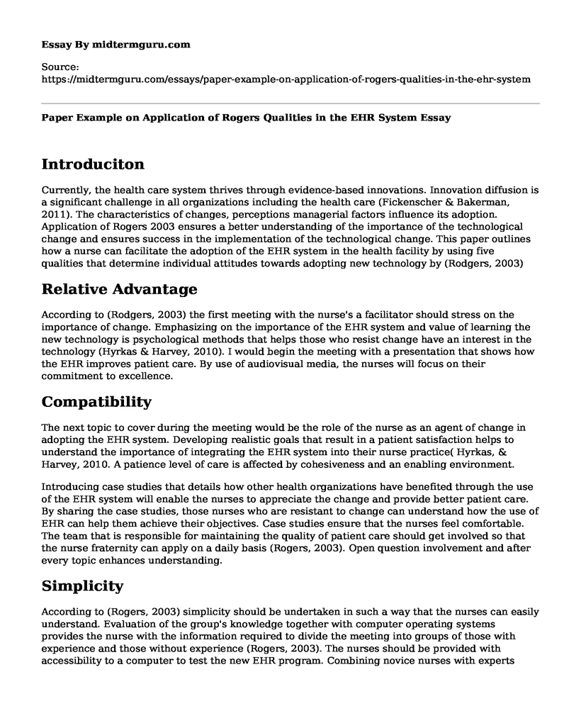 Paper Example on Application of Rogers Qualities in the EHR System