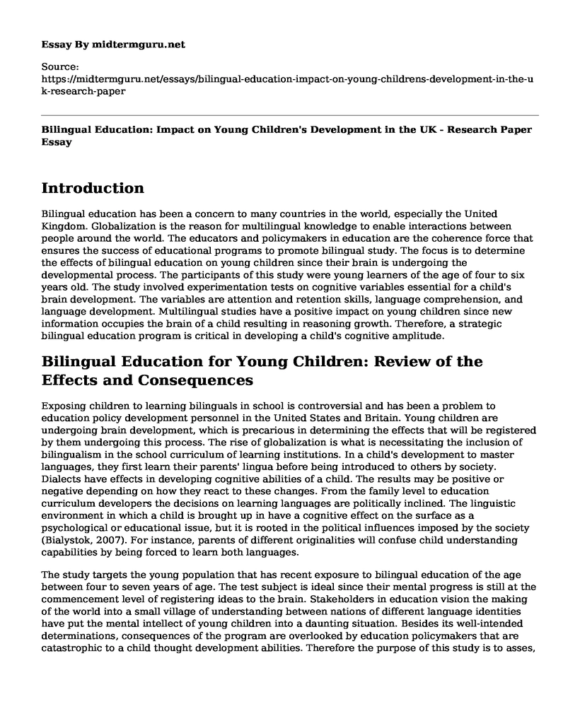 Bilingual Education: Impact on Young Children's Development in the UK - Research Paper