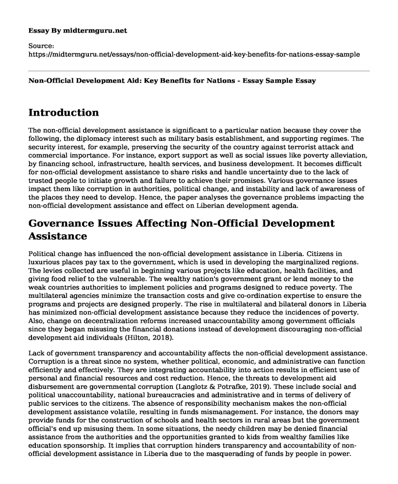 Non-Official Development Aid: Key Benefits for Nations - Essay Sample