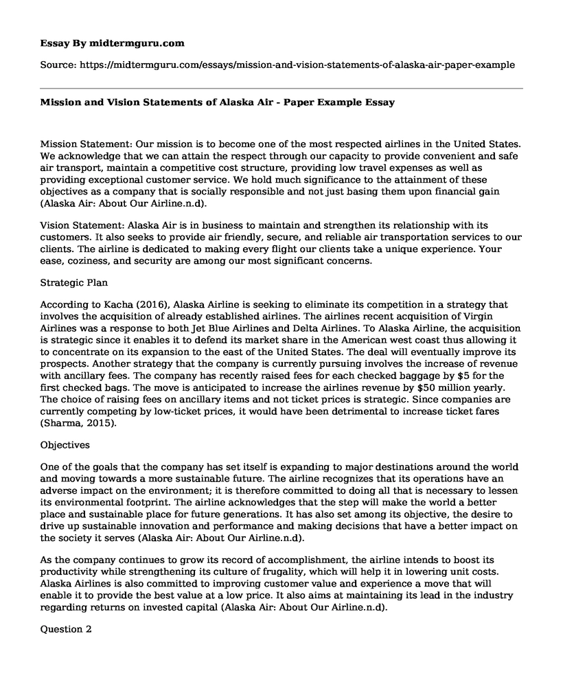 Mission and Vision Statements of Alaska Air - Paper Example