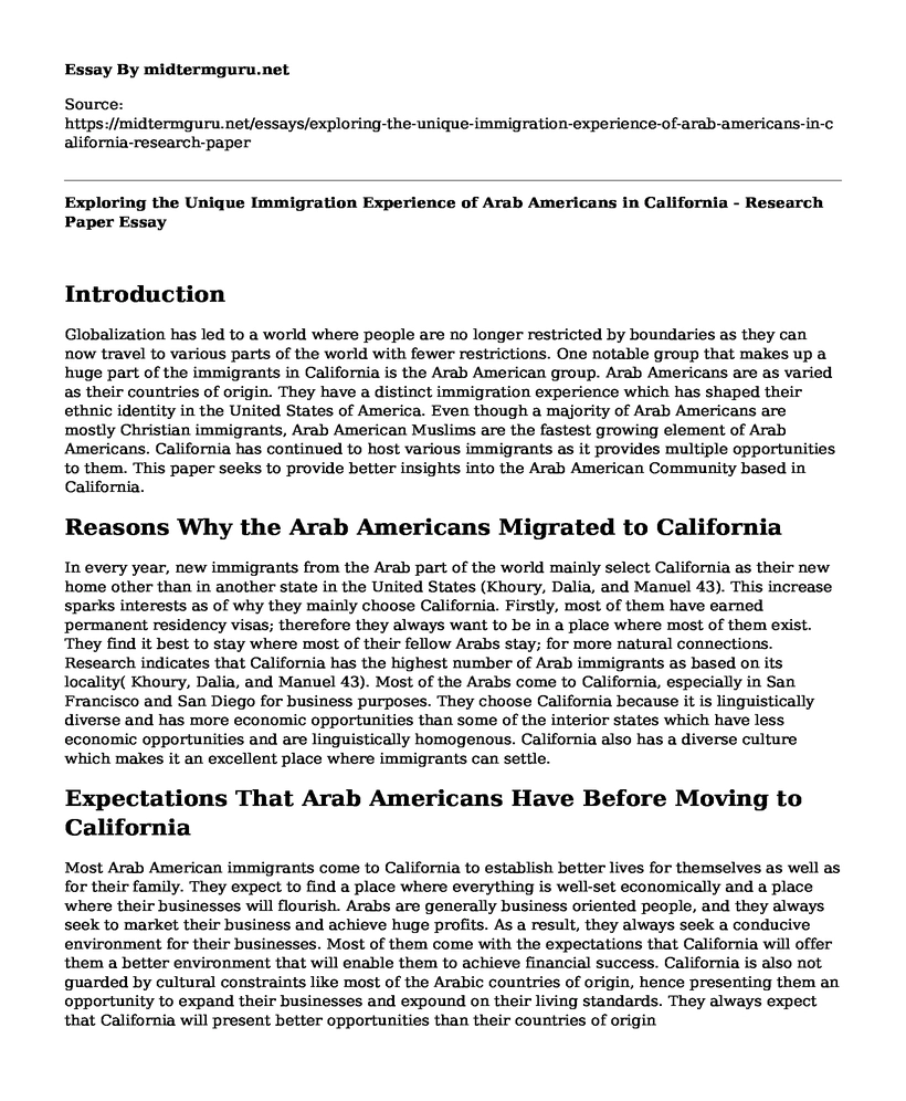 Exploring the Unique Immigration Experience of Arab Americans in California - Research Paper