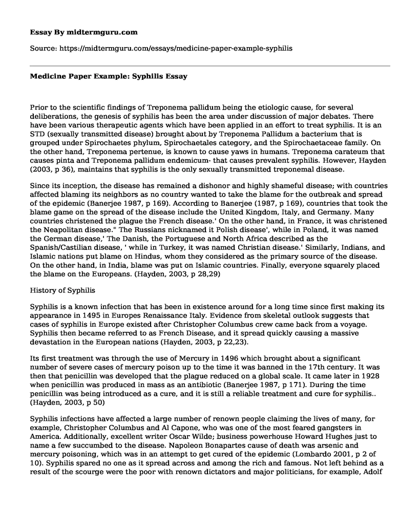 Medicine Paper Example: Syphilis