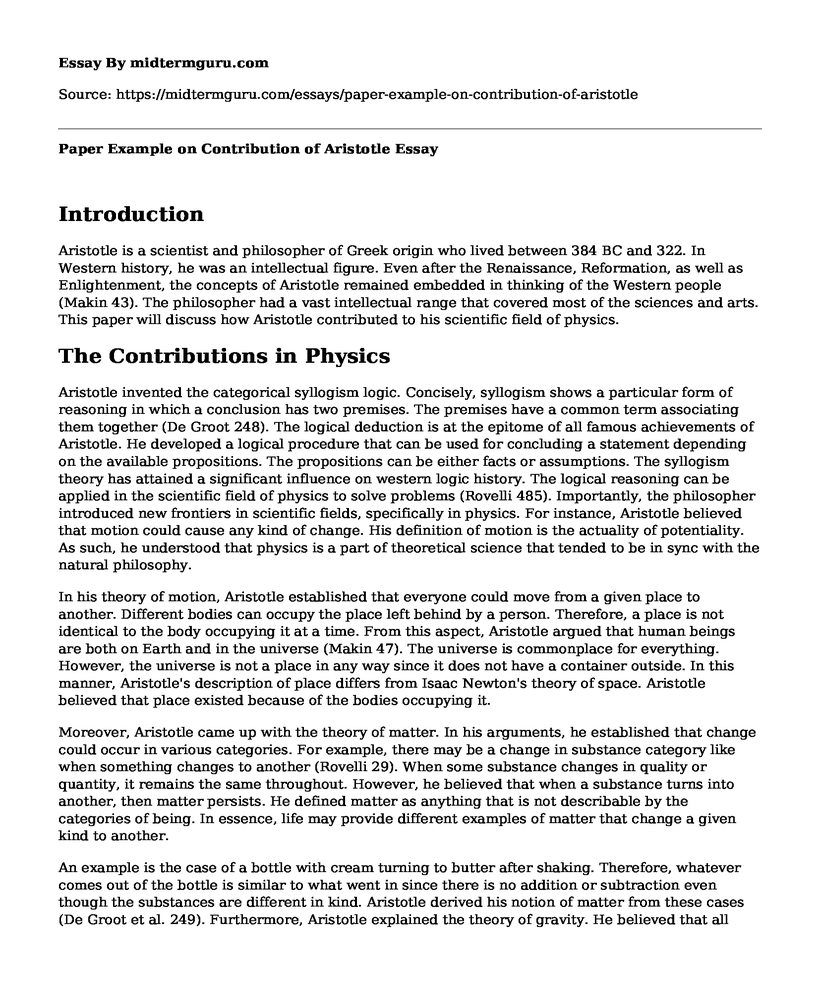 Paper Example on Contribution of Aristotle