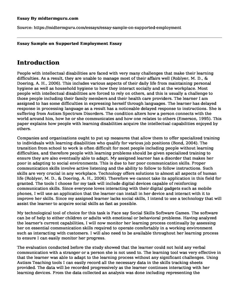 Essay Sample on Supported Employment