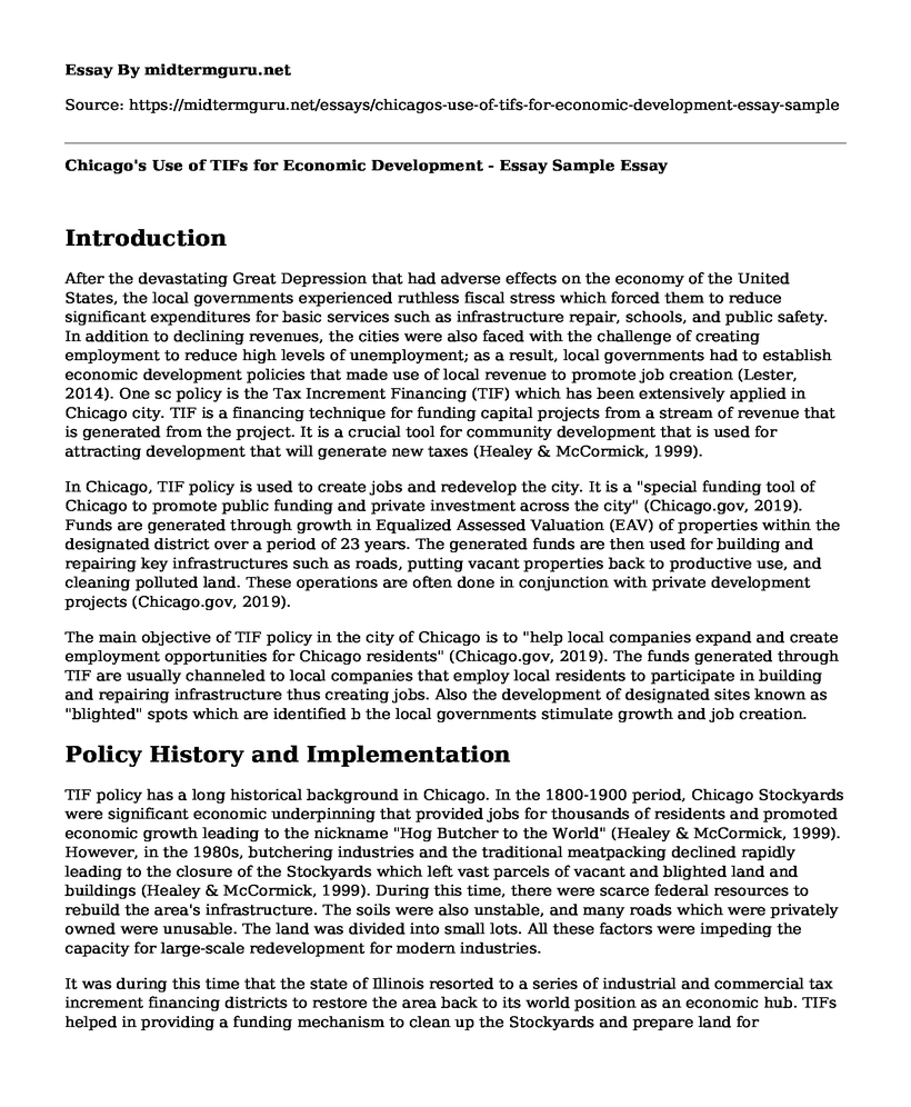 Chicago's Use of TIFs for Economic Development - Essay Sample