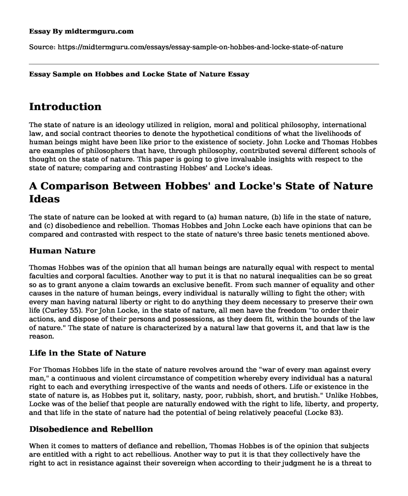 Essay Sample on Hobbes and Locke State of Nature