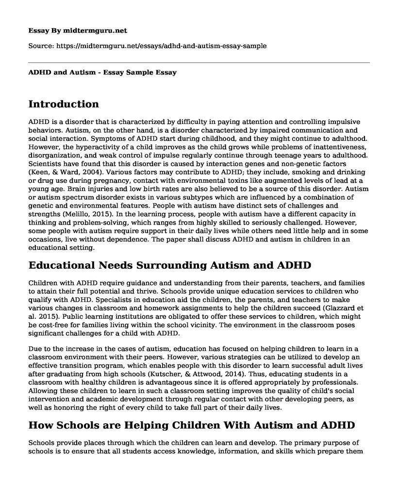 ADHD and Autism - Essay Sample