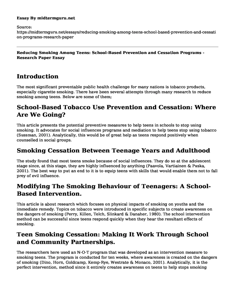 Reducing Smoking Among Teens: School-Based Prevention and Cessation Programs - Research Paper