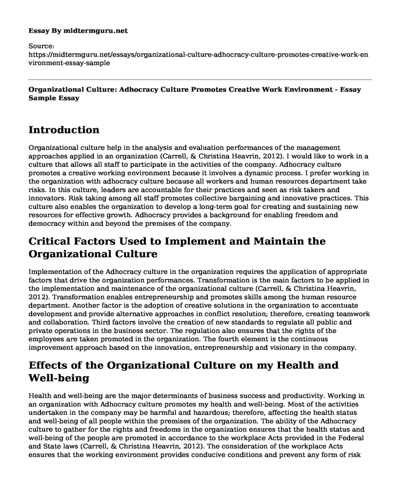 Organizational Culture: Adhocracy Culture Promotes Creative Work Environment - Essay Sample