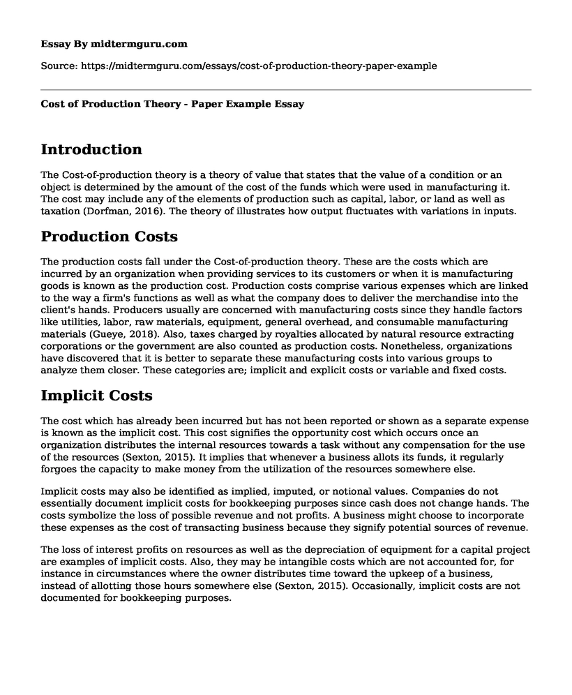 Cost of Production Theory - Paper Example