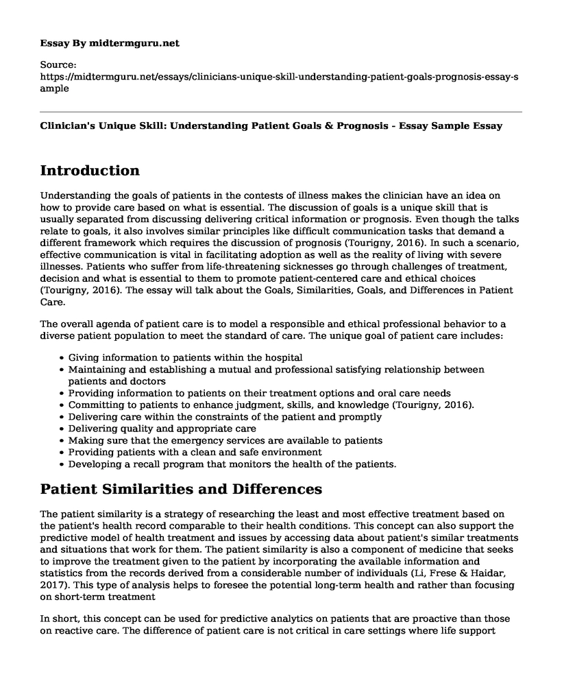 Clinician's Unique Skill: Understanding Patient Goals & Prognosis - Essay Sample
