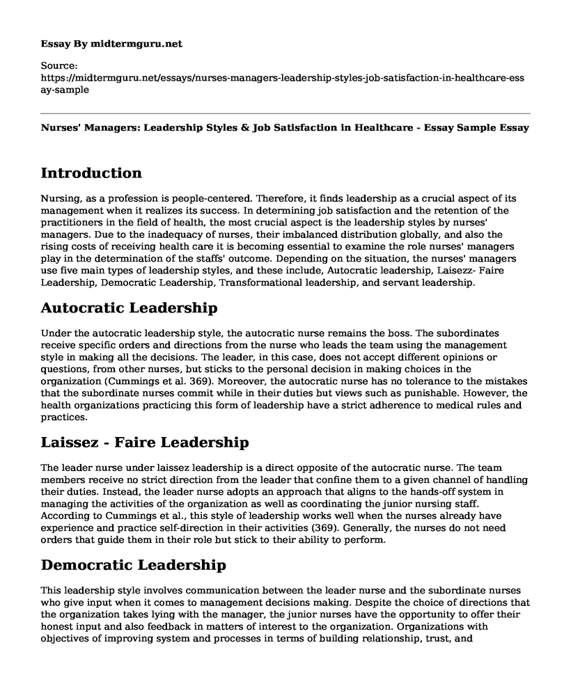 Nurses' Managers: Leadership Styles & Job Satisfaction in Healthcare - Essay Sample