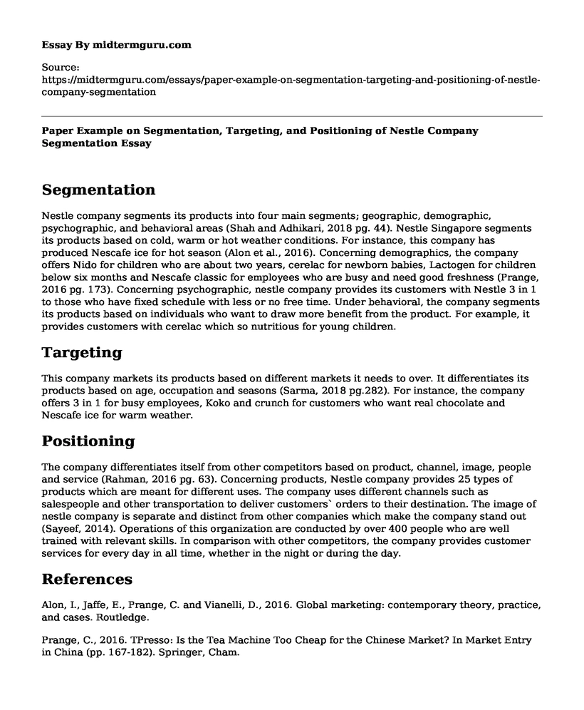 Paper Example on Segmentation, Targeting, and Positioning of Nestle Company Segmentation