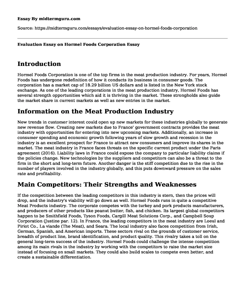 Evaluation Essay on Hormel Foods Corporation 
