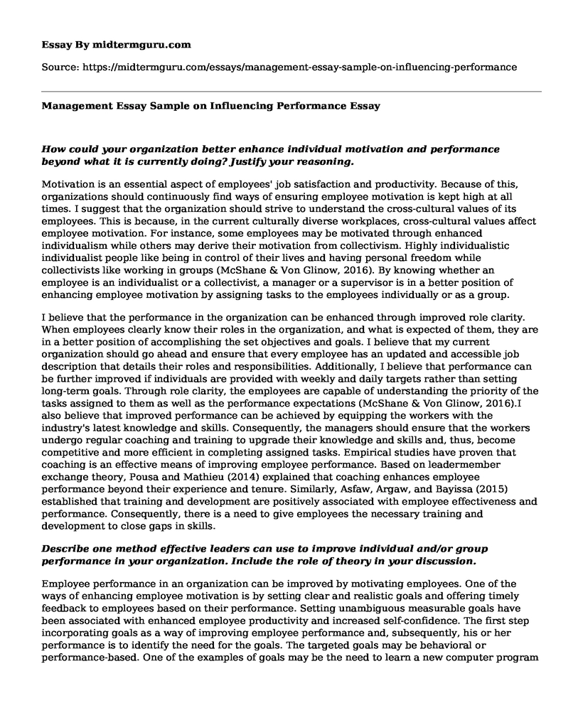 Management Essay Sample on Influencing Performance