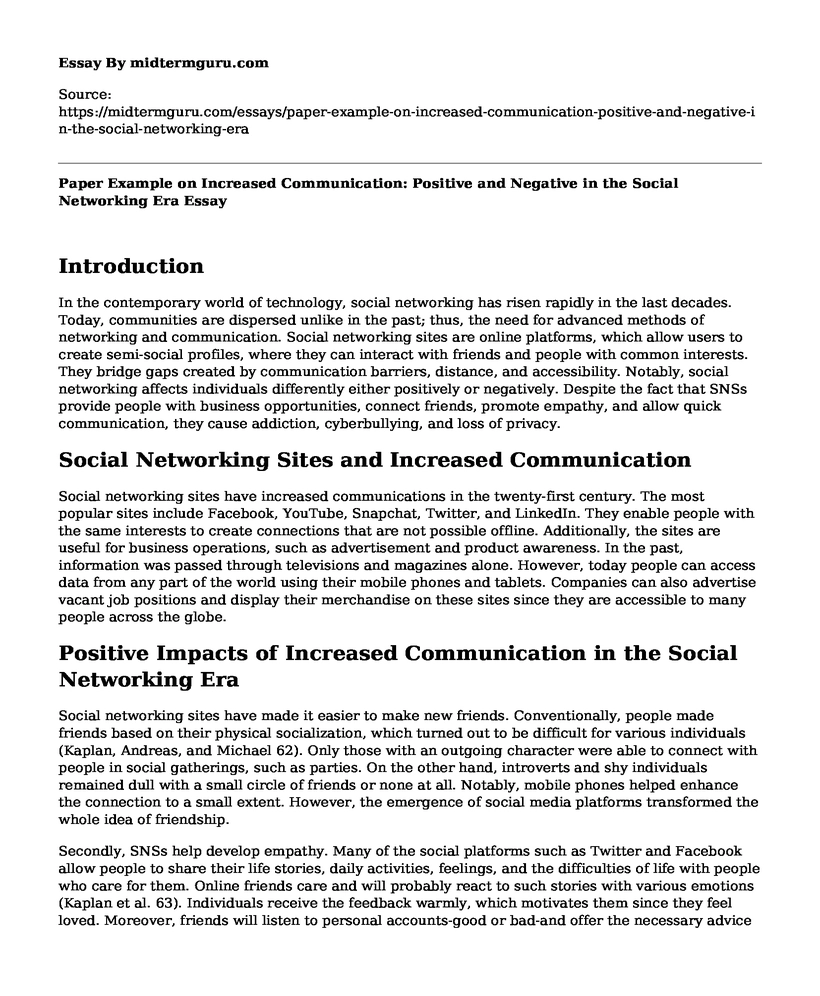 Paper Example on Increased Communication: Positive and Negative in the Social Networking Era