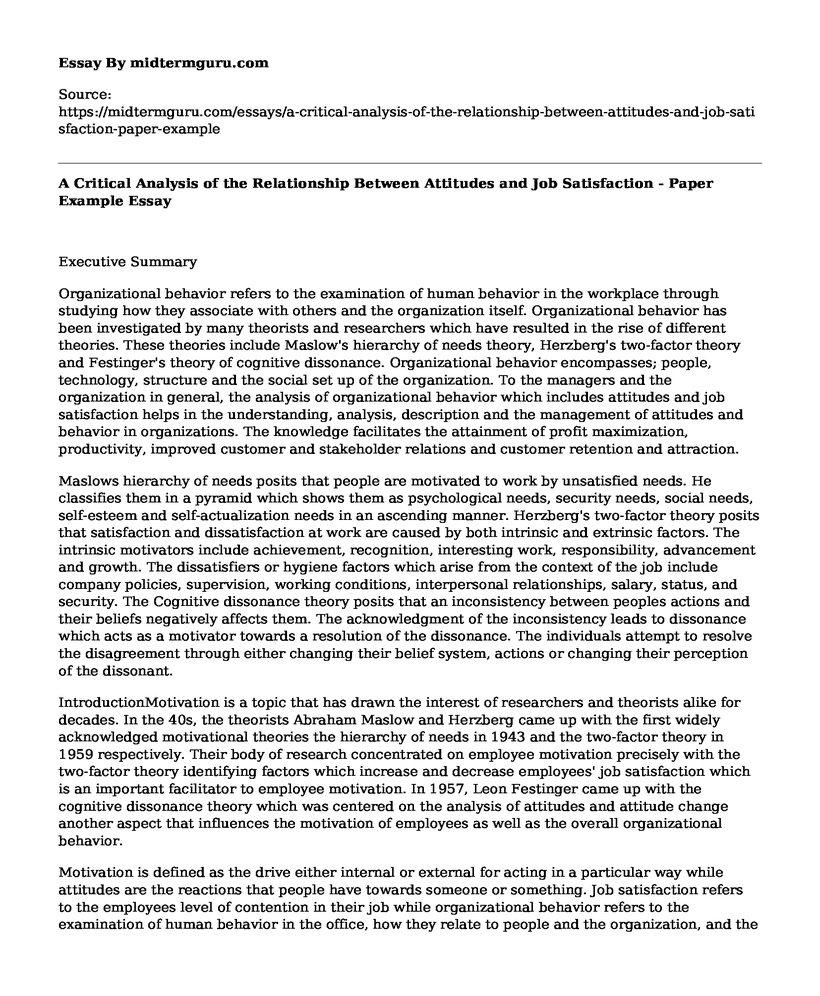 A Critical Analysis of the Relationship Between Attitudes and Job Satisfaction - Paper Example