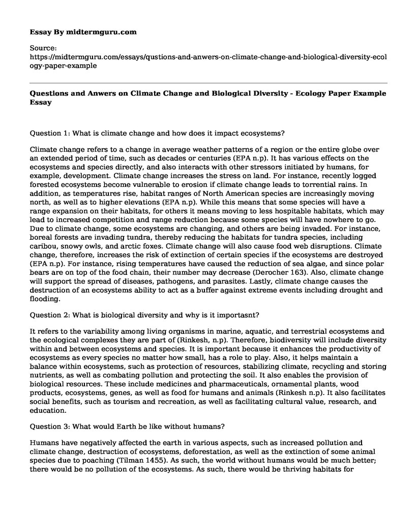 Questions and Anwers on Climate Change and Biological Diversity - Ecology Paper Example