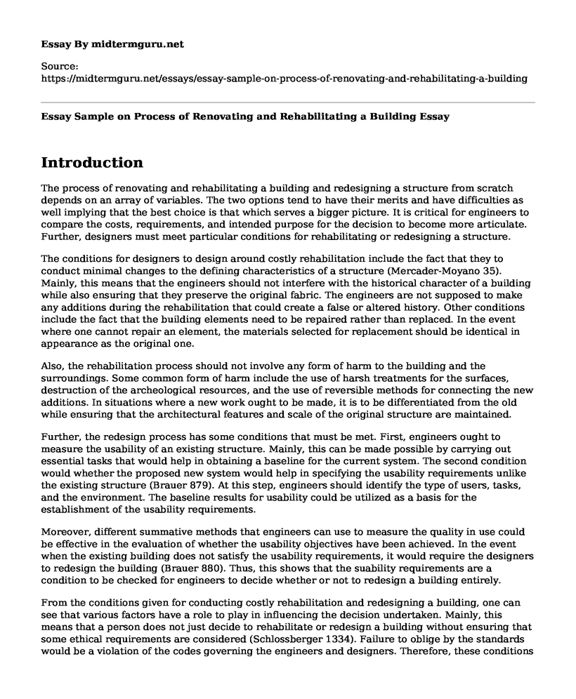 Essay Sample on Process of Renovating and Rehabilitating a Building