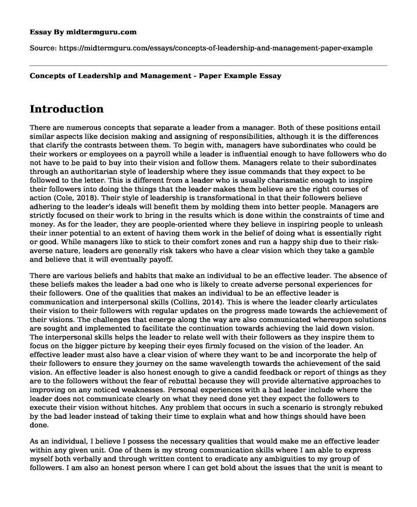 Concepts of Leadership and Management - Paper Example