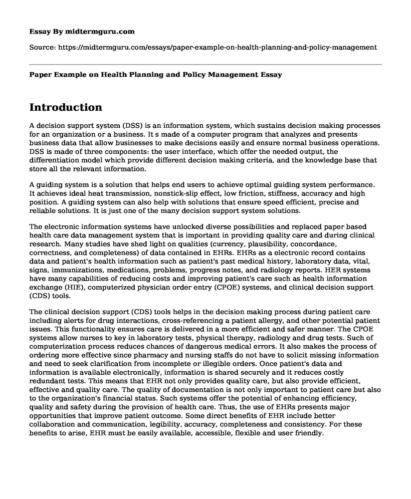 Paper Example on Health Planning and Policy Management