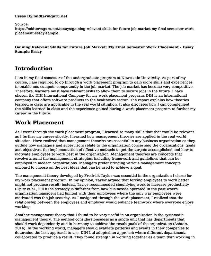 Gaining Relevant Skills for Future Job Market: My Final Semester Work Placement - Essay Sample