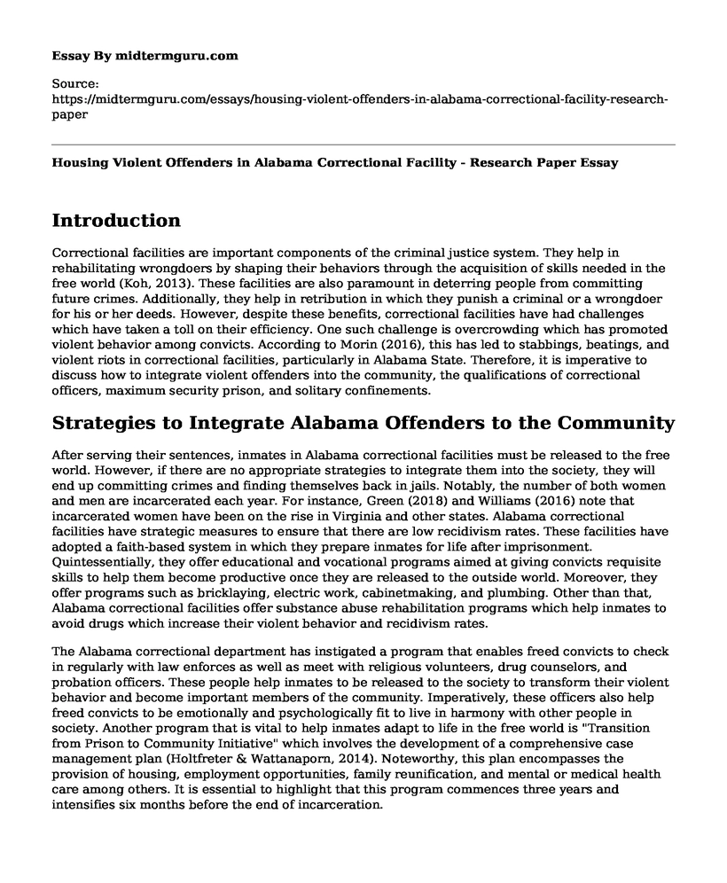 Housing Violent Offenders in Alabama Correctional Facility - Research Paper