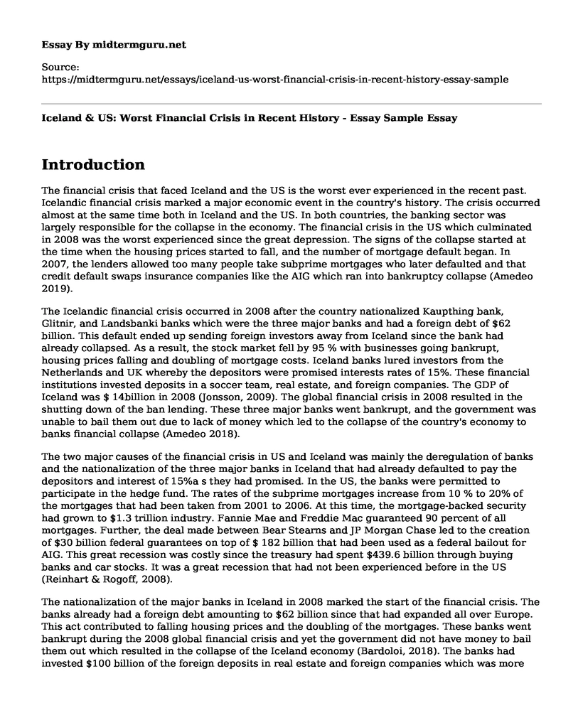 Iceland & US: Worst Financial Crisis in Recent History - Essay Sample