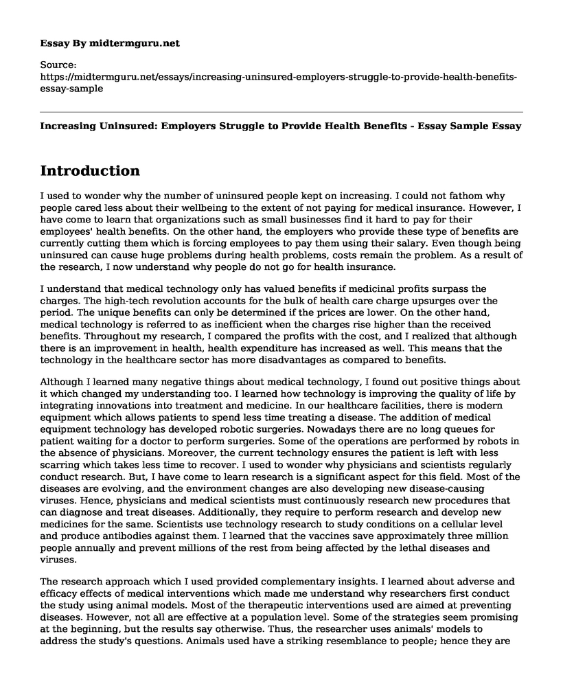 Increasing Uninsured: Employers Struggle to Provide Health Benefits - Essay Sample