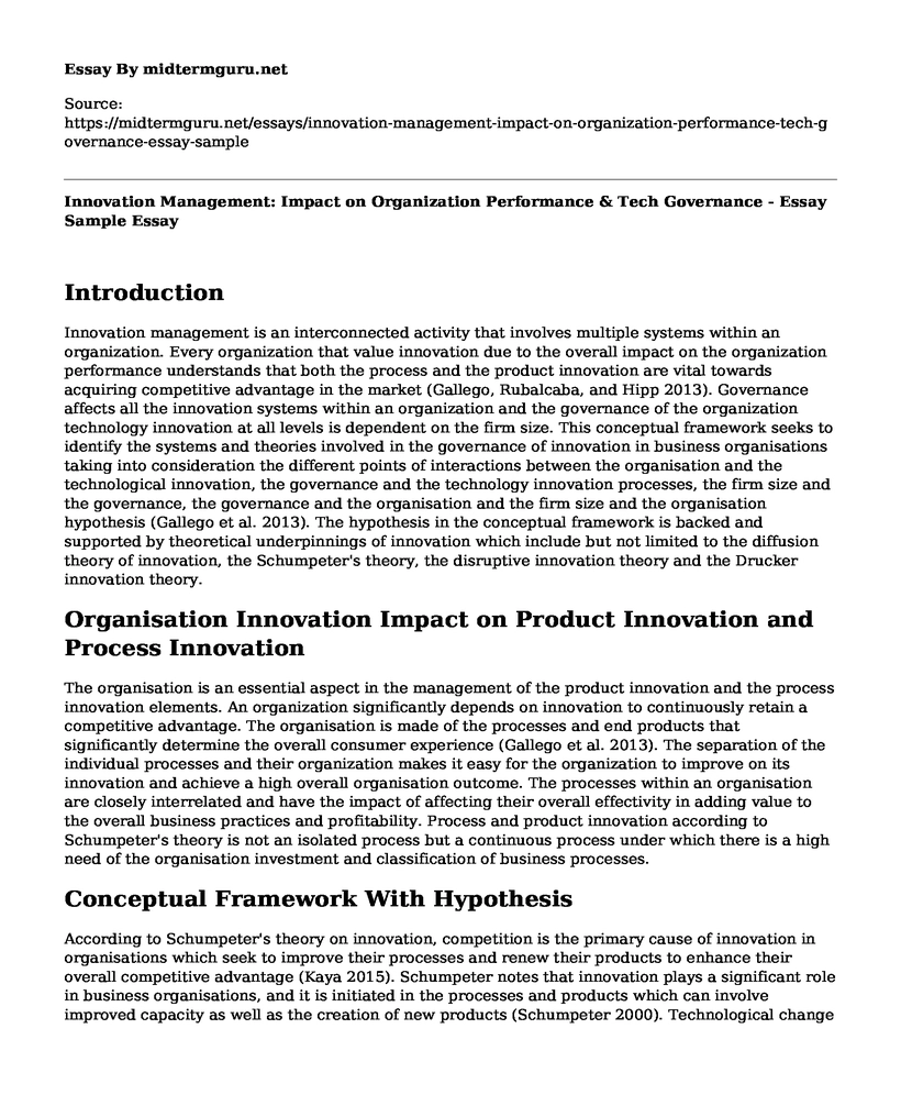 Innovation Management: Impact on Organization Performance & Tech Governance - Essay Sample