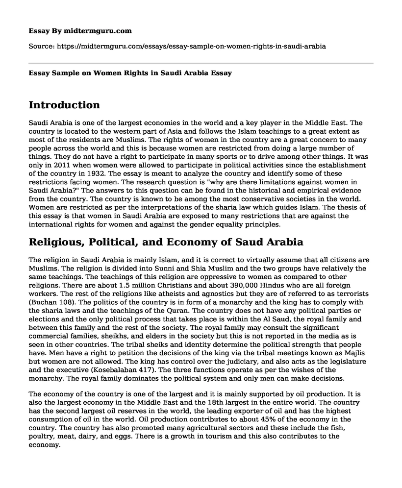 Essay Sample on Women Rights in Saudi Arabia