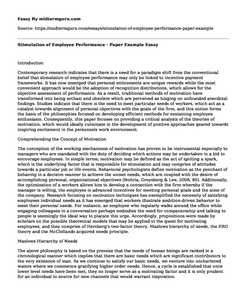 Stimulation of Employee Performance - Paper Example