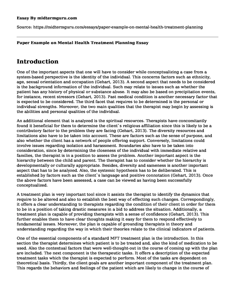 Paper Example on Mental Health Treatment Planning
