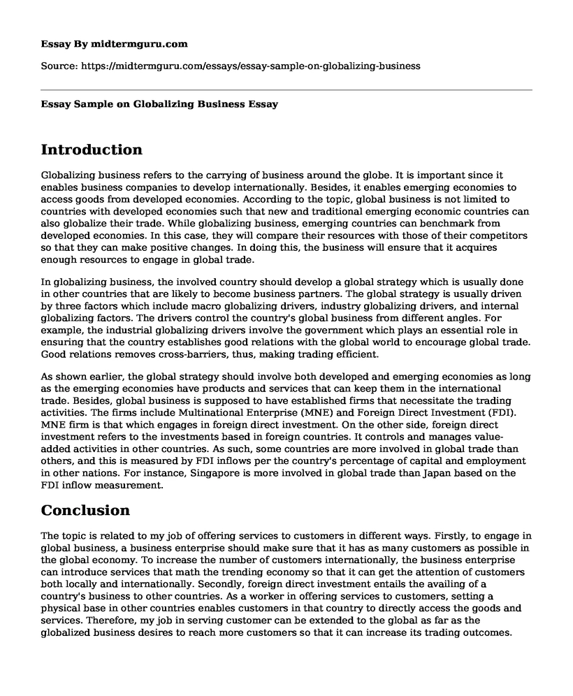 Essay Sample on Globalizing Business