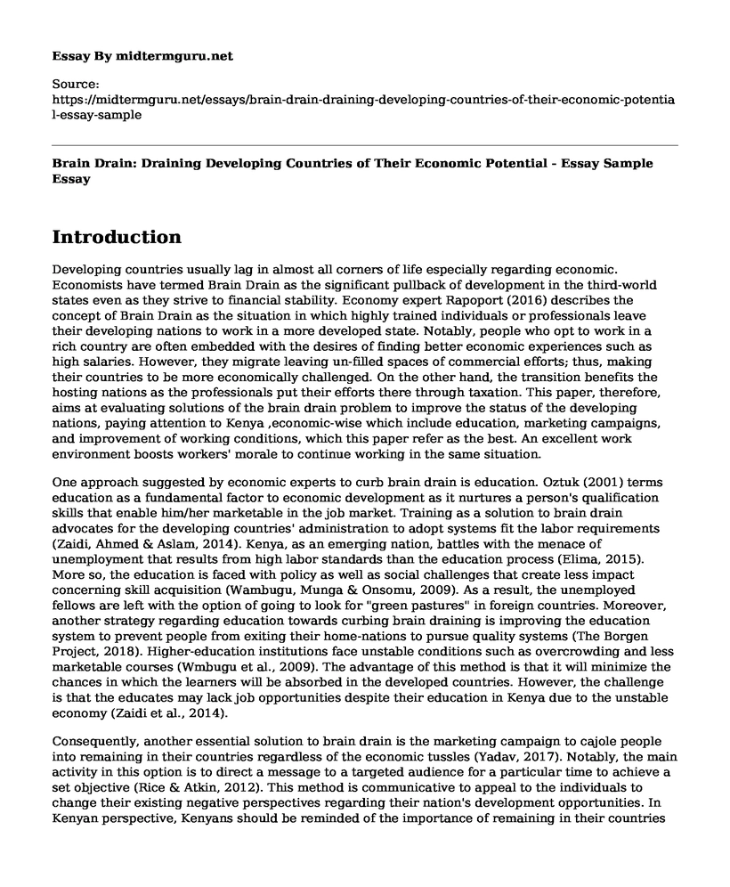 Brain Drain: Draining Developing Countries of Their Economic Potential - Essay Sample