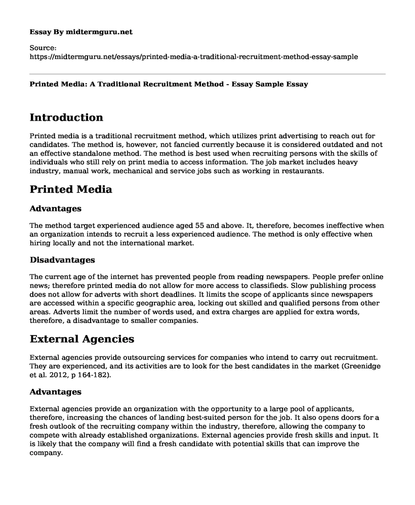 Printed Media: A Traditional Recruitment Method - Essay Sample