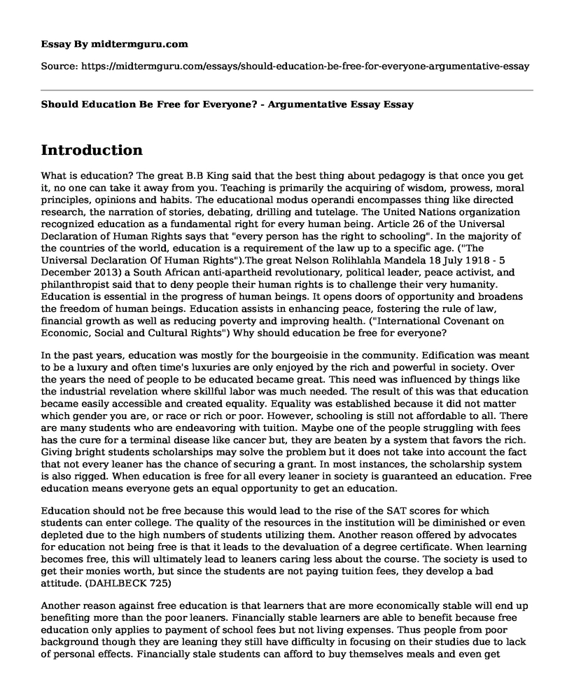 Education Should Be Free For Everyone Argumentative Essay Pdf