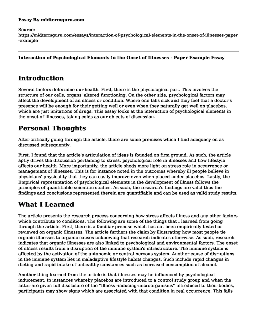 Interaction of Psychological Elements in the Onset of Illnesses - Paper Example