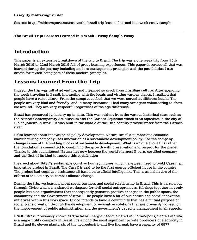 The Brazil Trip: Lessons Learned in a Week - Essay Sample
