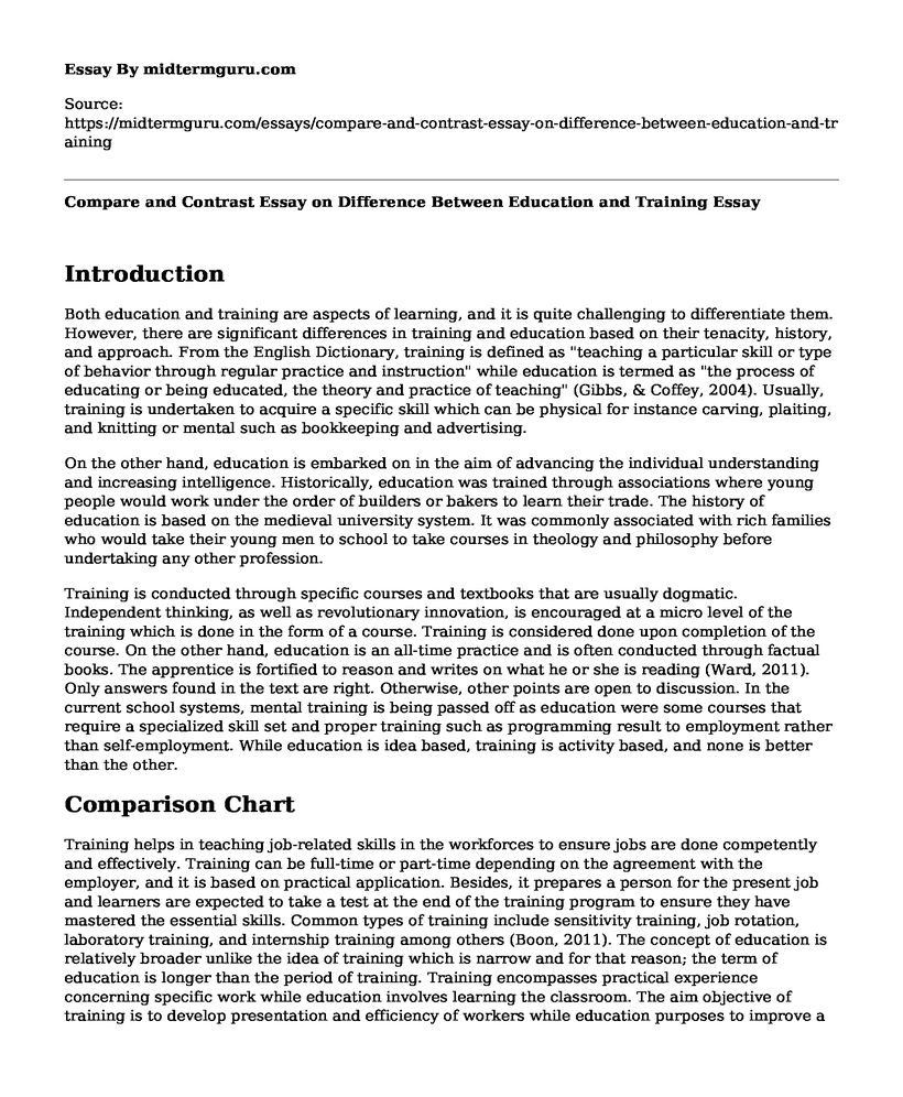 Compare and Contrast Essay on Difference Between Education and Training