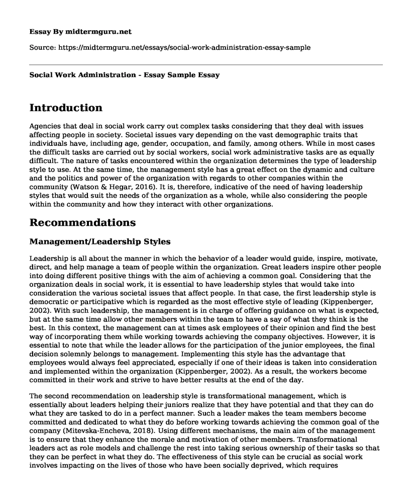Social Work Administration - Essay Sample