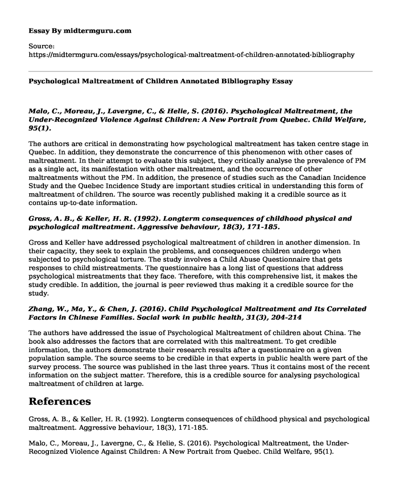 Psychological Maltreatment of Children Annotated Bibliography